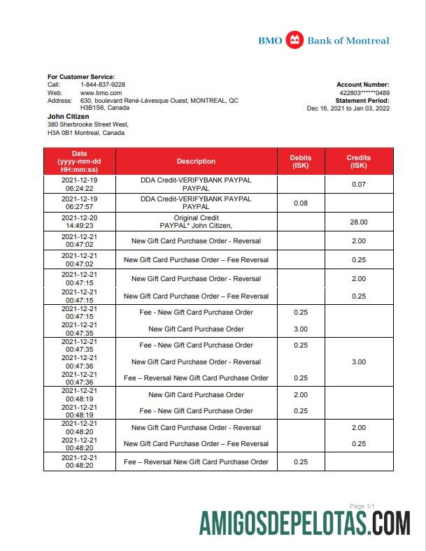 Modelo de extrato bancário em branco do Canada Bank Of Montreal em formato Word e PDF (.doc e .pdf)